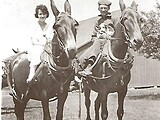 Vervivon Wilmas, 16, riding Mag & Clifford Wilmas, 19, riding Jenny, 6/10/18. Albert Wilmas mules. Courtesy of Marian Wilmas Hackmann.